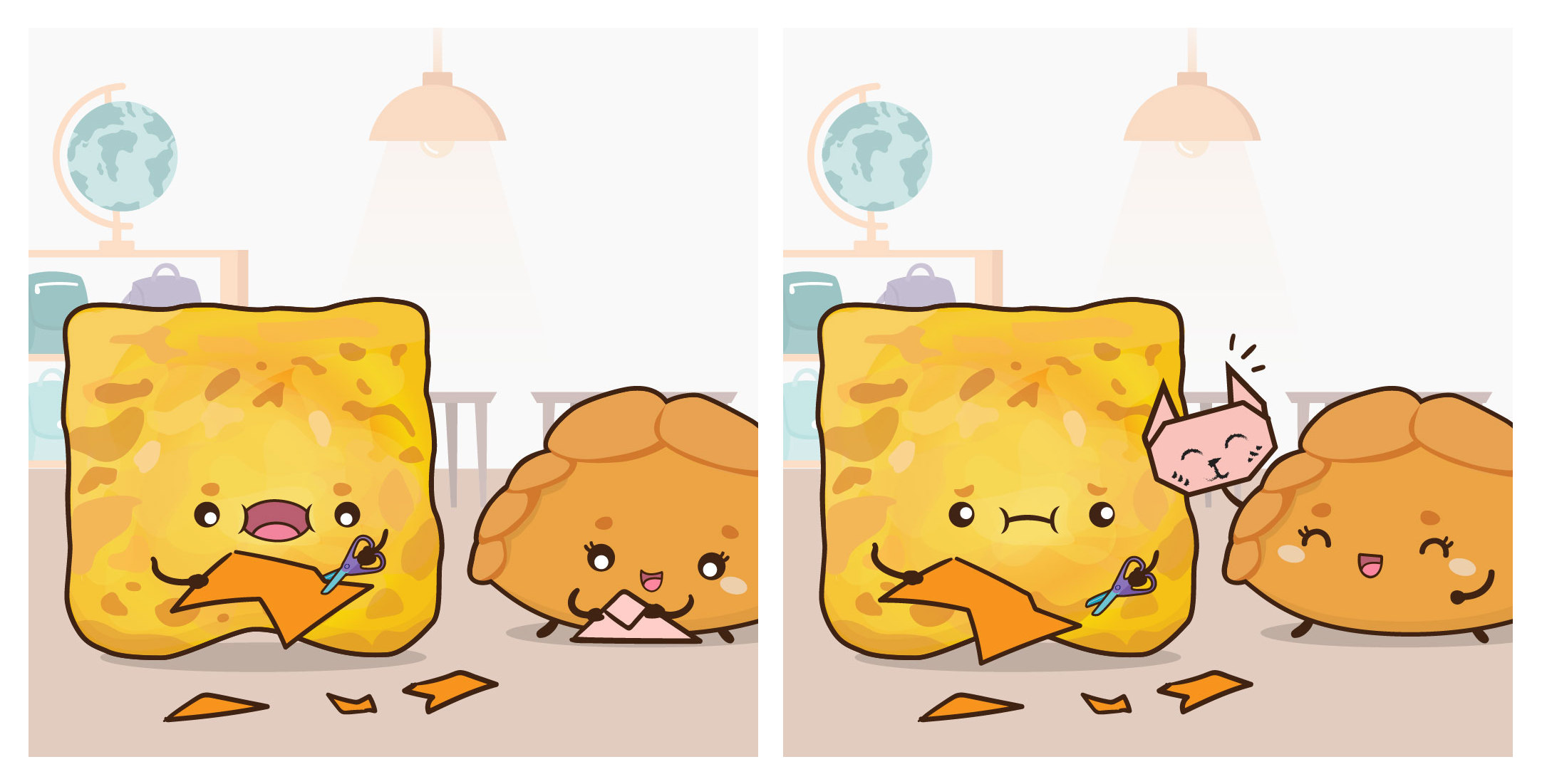 Cartoon snack characters craft paper; left cuts orange sheet, right reveals a pink cat face and smiles.